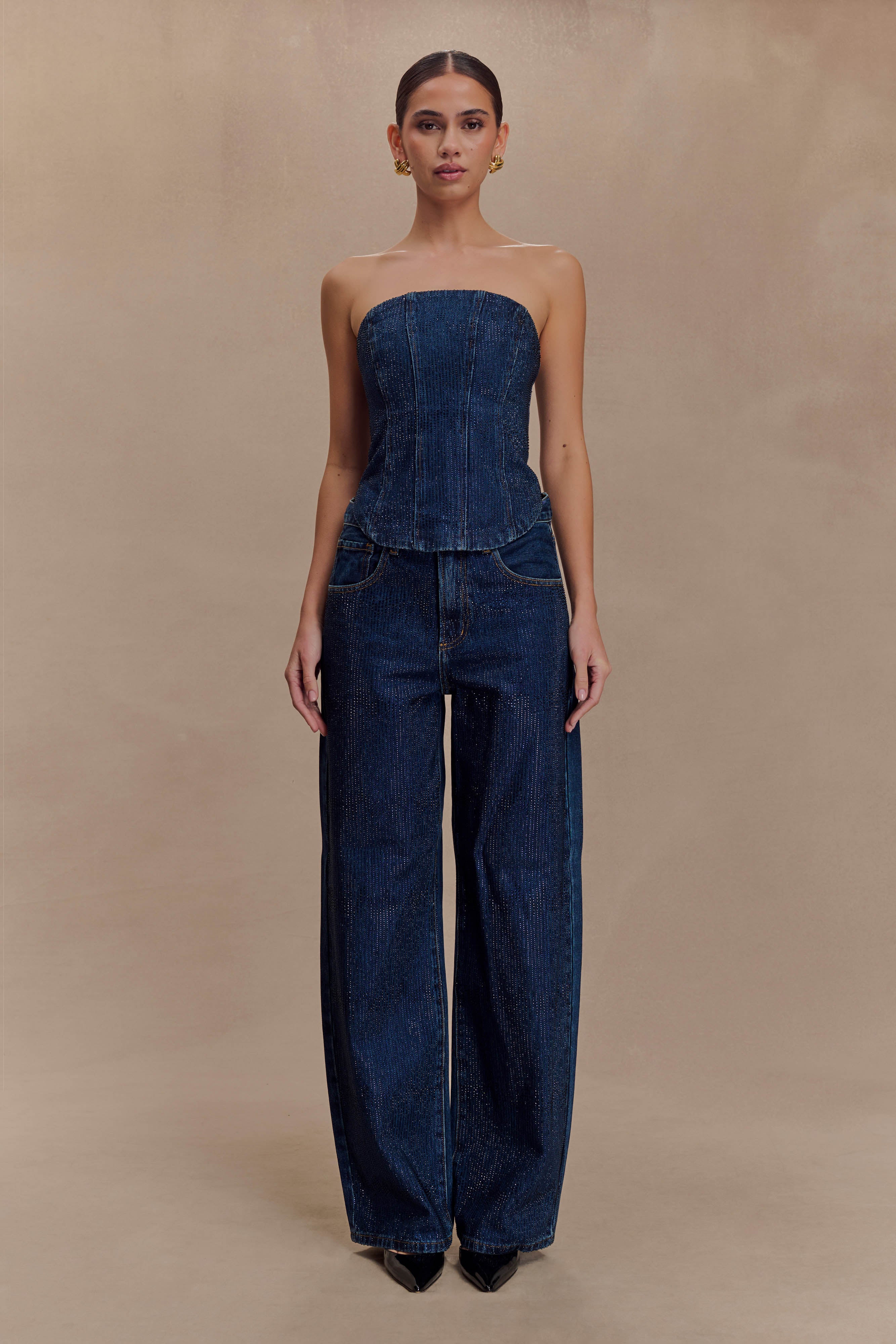 Laina Mid Rise Diamante Denim Jeans - Midnight Blue